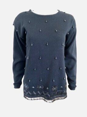 Vintage PROPHECY Black Teardrop Beaded Wool Blend Top Petite